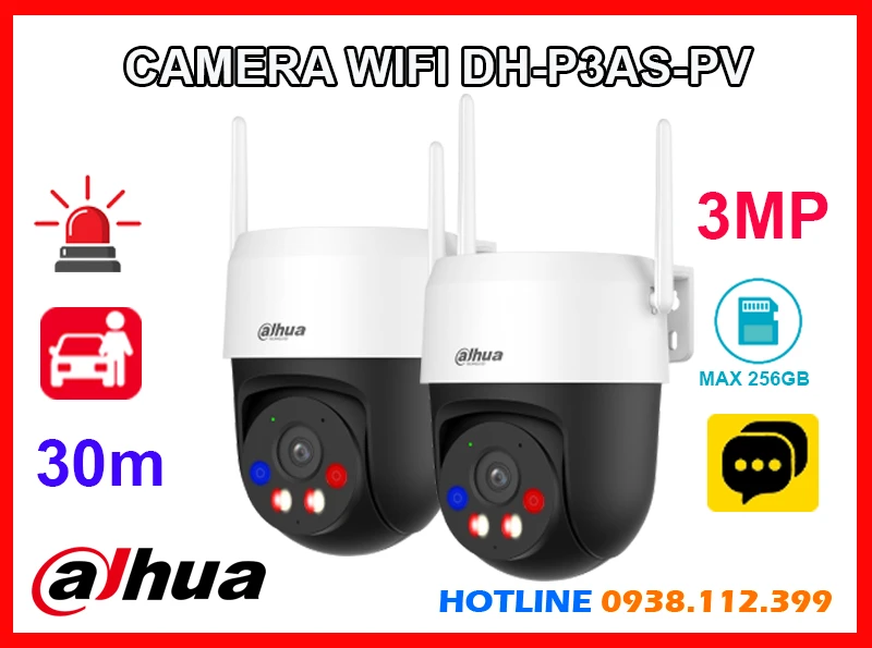  Camera DH-P3AS-PV IP wifi không dây chính hãng Dahua với độ phân giải 3MP hỗ trợ phát hiện người và phương tiện chính xác tích hợp hồng ngoại 30m, quay xoay 360° tracking tự động theo dõi đối tượng xâm nhập ghi hình màu ban đêm báo động bằng đèn và còi hỗ trợ thẻ nhớ lên đến 256GB chuẩn IP66