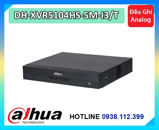  DH-XVR5104HS-5M-I3/T hỗ trợ 4 kênh, độ phân giải 5MP, AI-Coding, H.265+, AcuPick, SMD Plus và đàm thoại 2 chiều với camera Analog.
