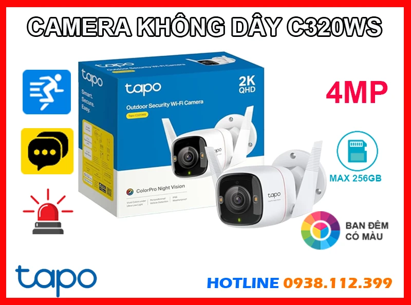  Tapo C320WS là camera Wi-Fi không dây với độ phân giải 4MP hỗ trợ đàm thoại hai chiều và quan sát ban đêm với hình ảnh đầy đủ màu sắc nhờ hồng ngoại 30m Camera tích hợp phát hiện chuyển động thông minh còi hú và đèn báo động đáp ứng chuẩn chống nước bụi IP66